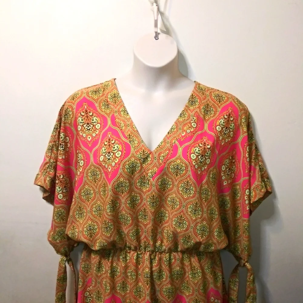 Moss Hot Pink & Lime Floral Boho Mini Dress/Swim Cover - Picture 2 of 8